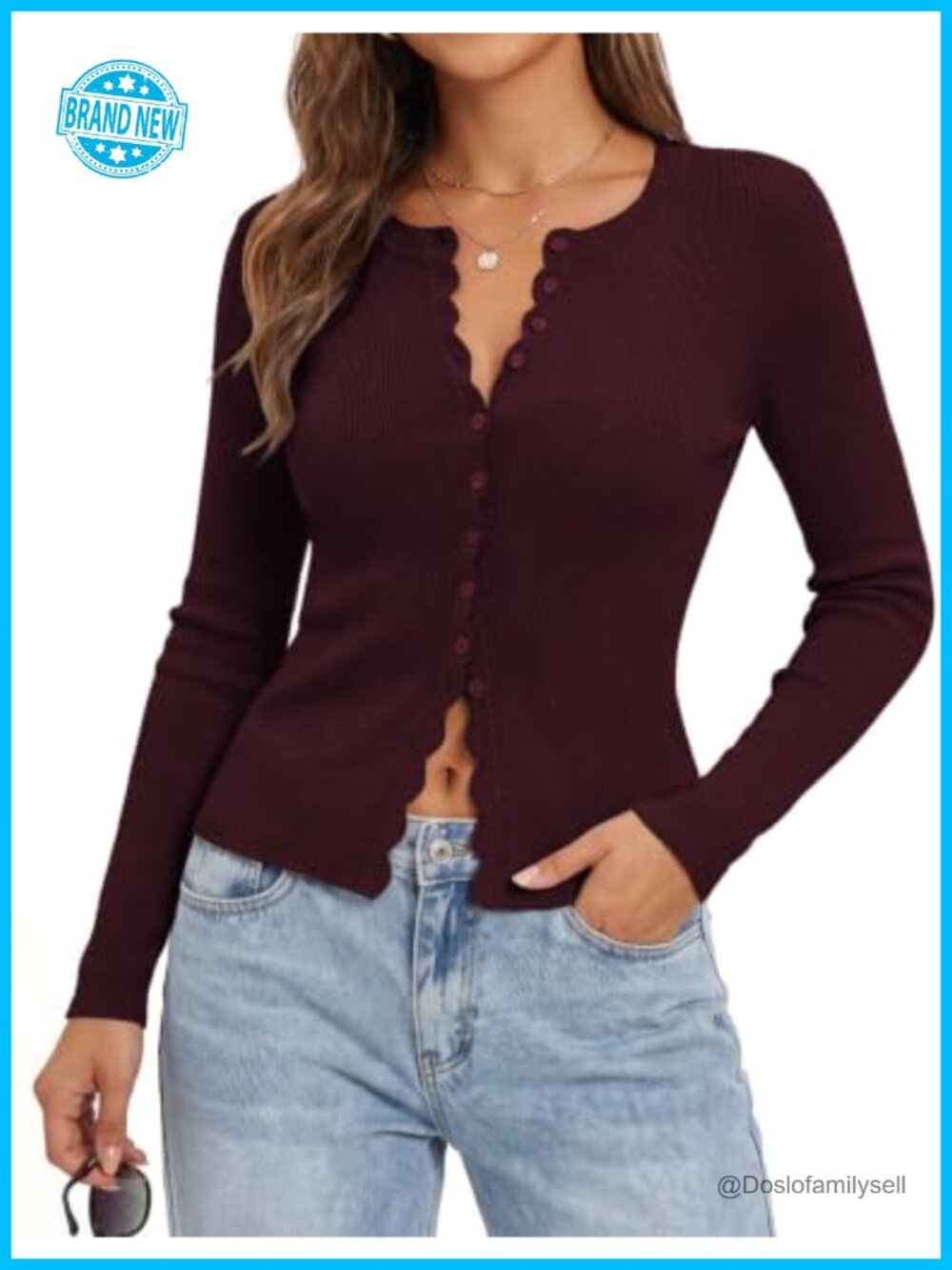 Cropped Cardigan Button Up Scalloped Slim Fit Lightweight Knit Top